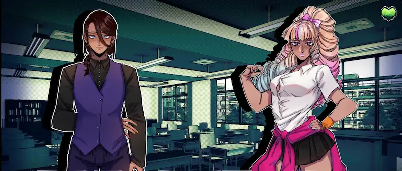 Two characters stand in a classroom during an in-game scene.